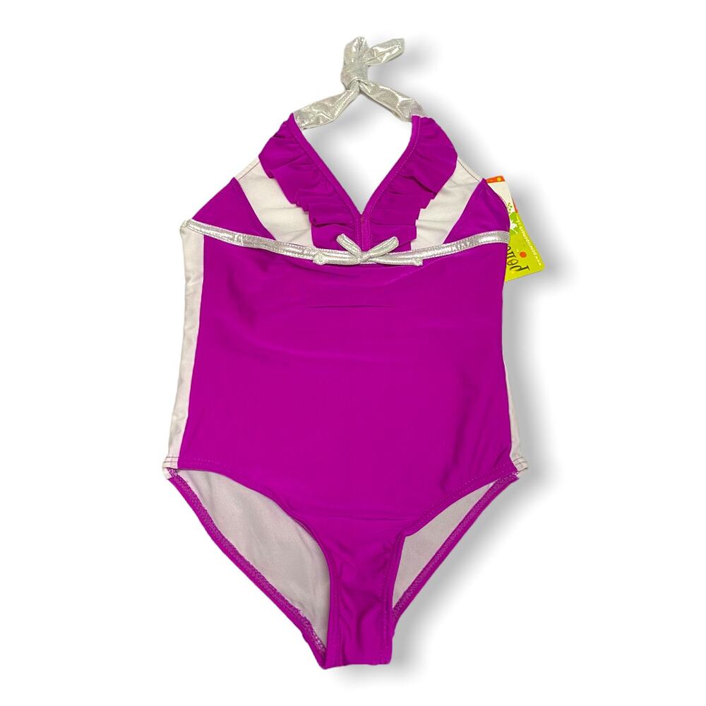 Penelope Mack Girls Swimsuit Size 8 Purple White Silver One Piece NEW
